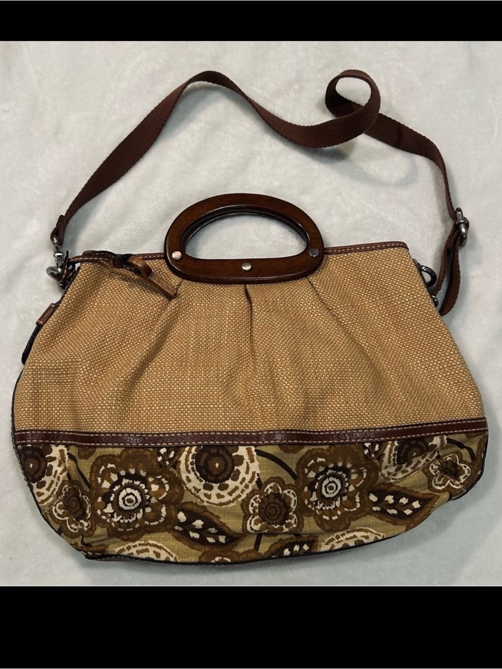Fossil floral print fabric purse wooden handles crossbody hobo satchel handbag